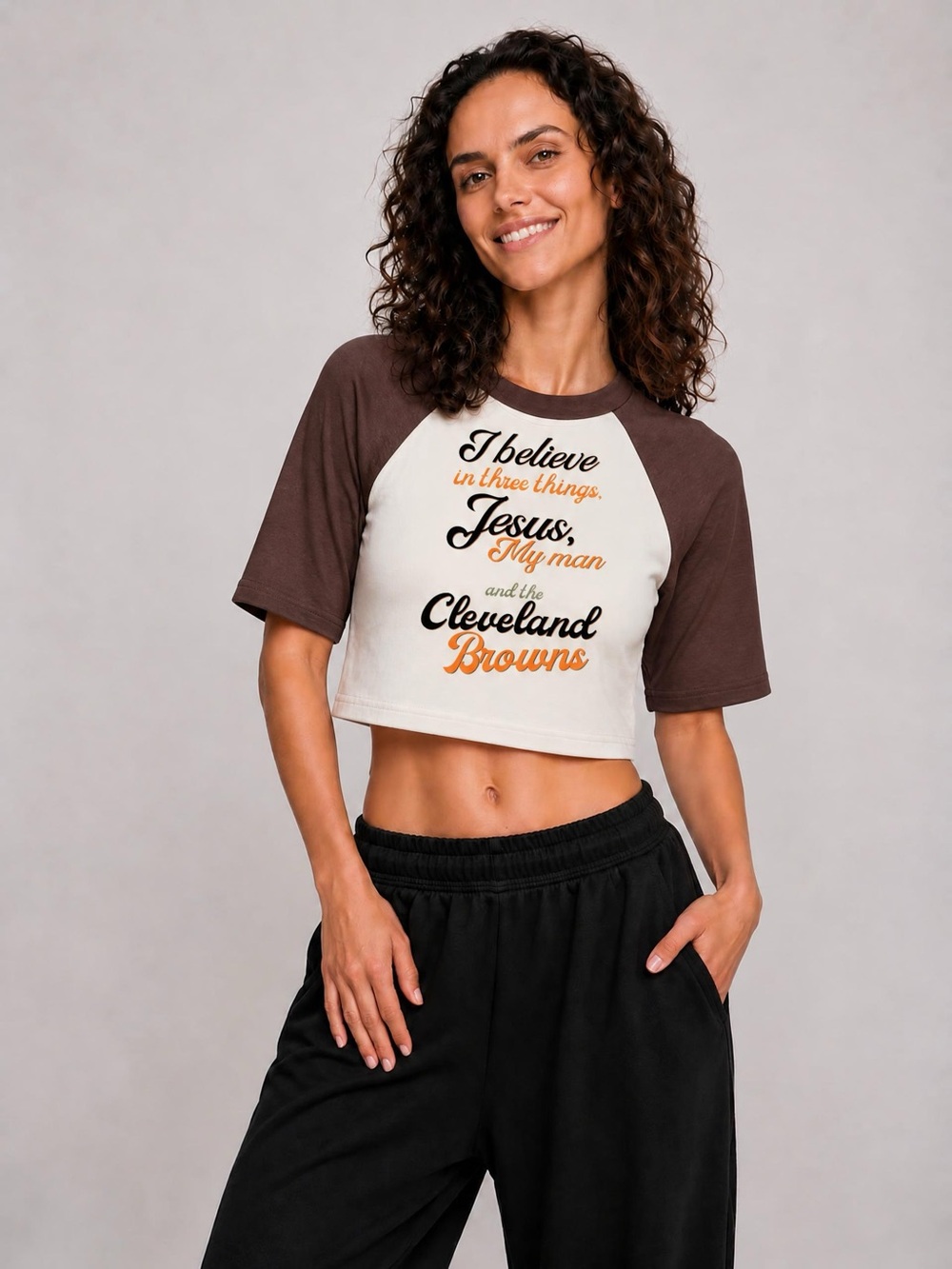 Browns Cropped Raglan Tee in Brown and Cream - Team Script Graphic